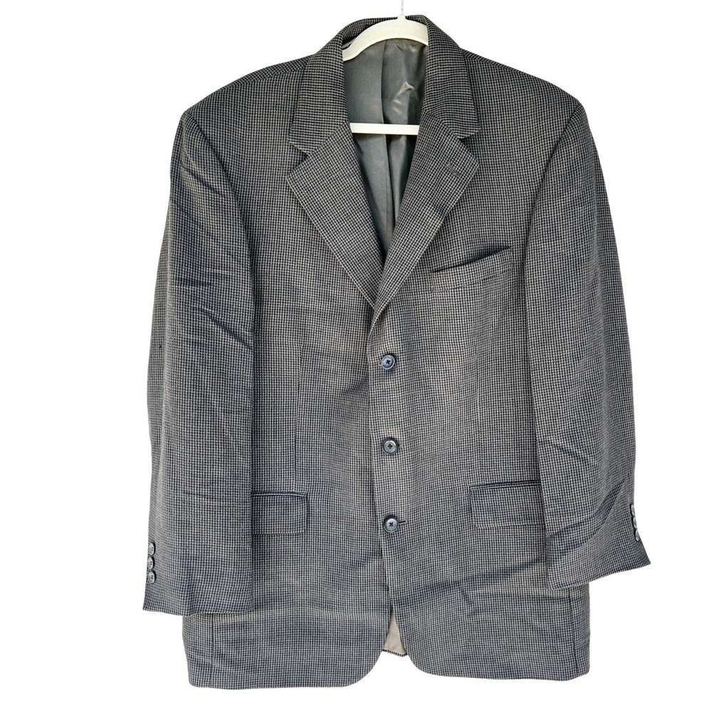 Oscar de la Renta‎ Mens 42R Wool Blazer Grey Black Houndstooth 3-Button Coat